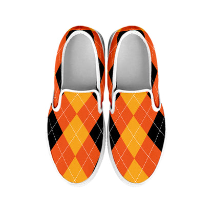 Orange And Black Argyle Pattern Print White Slip On Shoes
