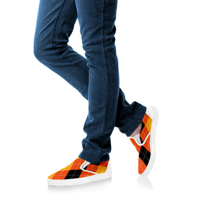Orange And Black Argyle Pattern Print White Slip On Shoes