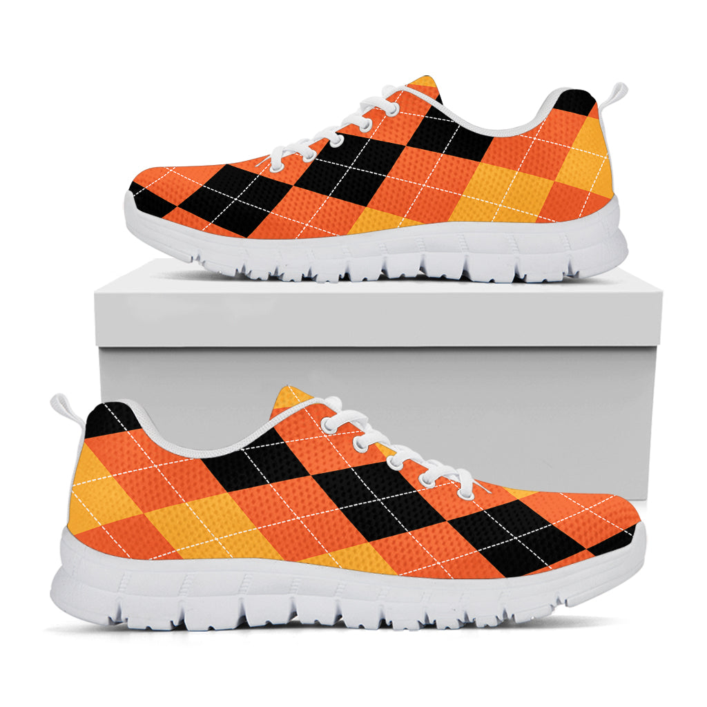 Orange And Black Argyle Pattern Print White Sneakers