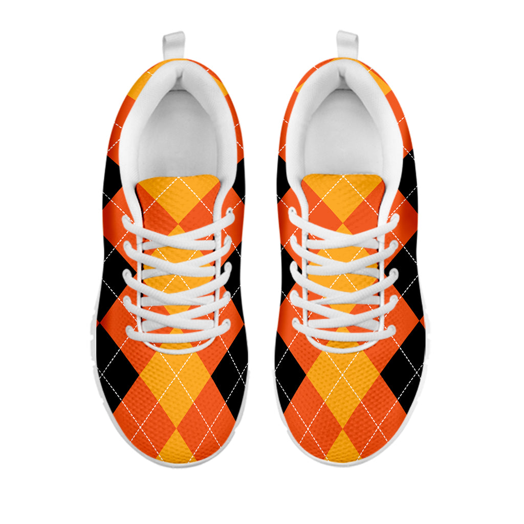 Orange And Black Argyle Pattern Print White Sneakers