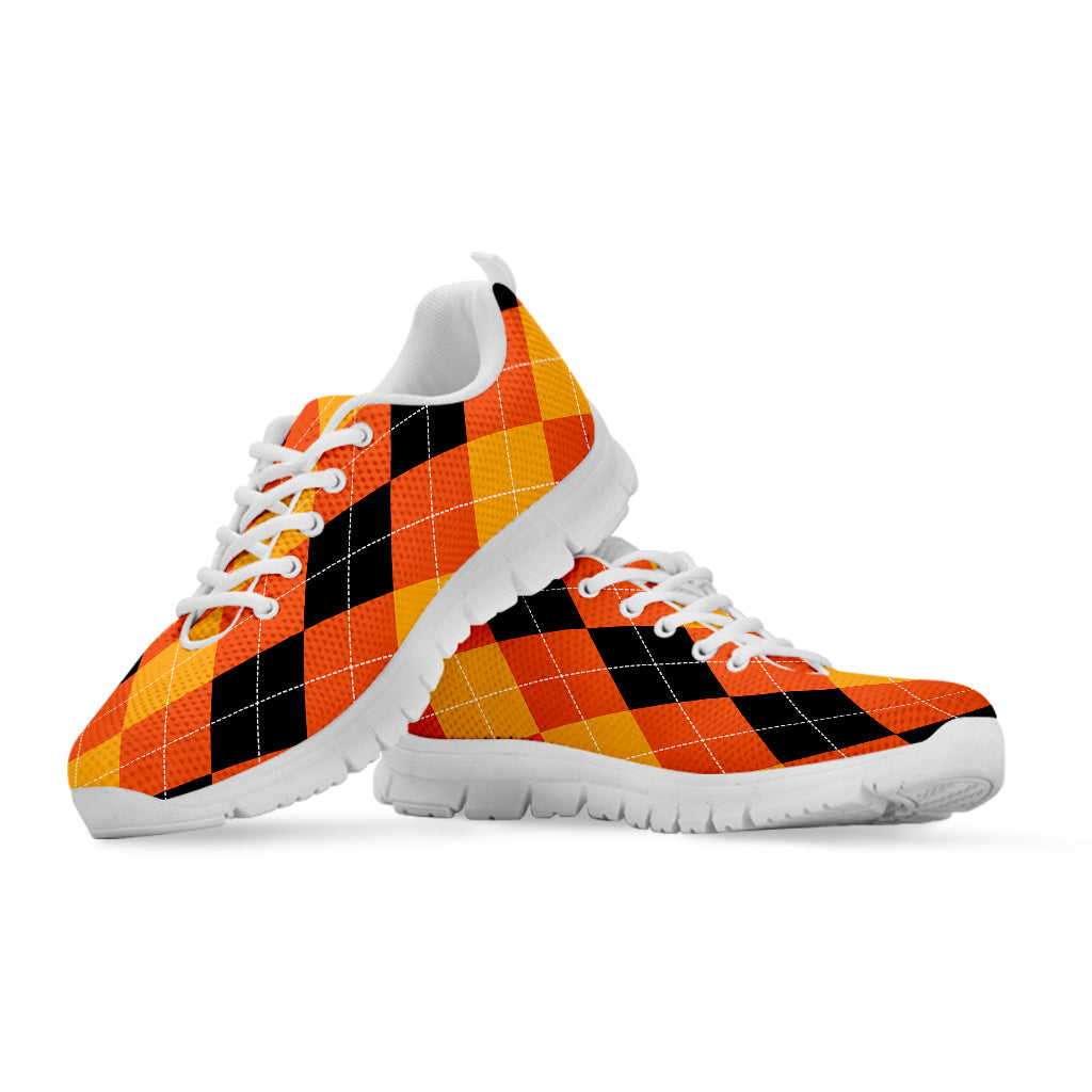 Orange And Black Argyle Pattern Print White Sneakers