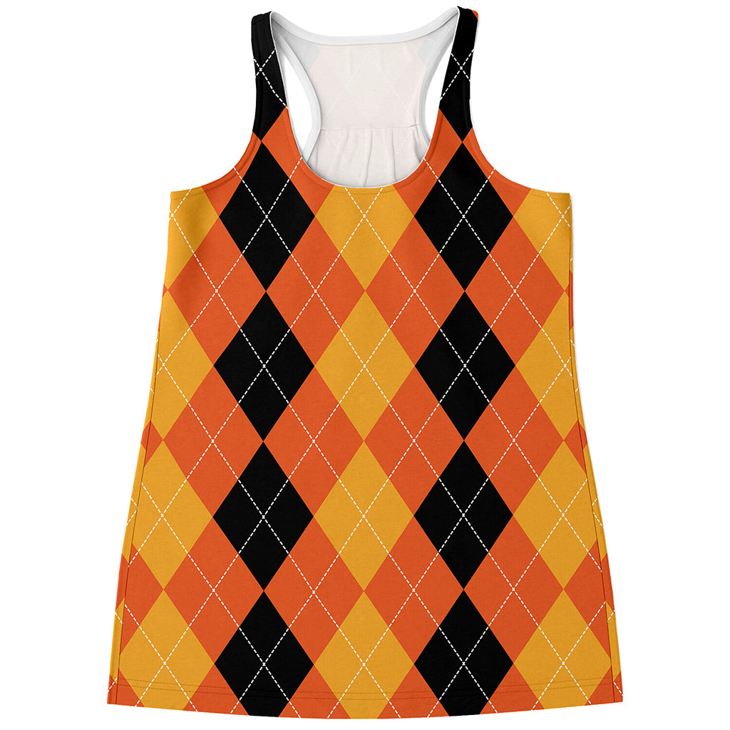 Orange And Black Argyle Pattern Print Women's Racerback Tank Top