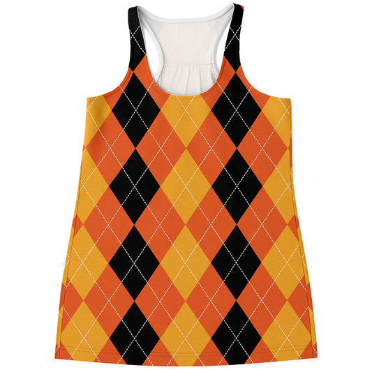 Orange And Black Argyle Pattern Print Women's Racerback Tank Top