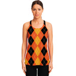 Orange And Black Argyle Pattern Print Women's Racerback Tank Top