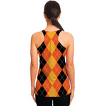 Orange And Black Argyle Pattern Print Women's Racerback Tank Top