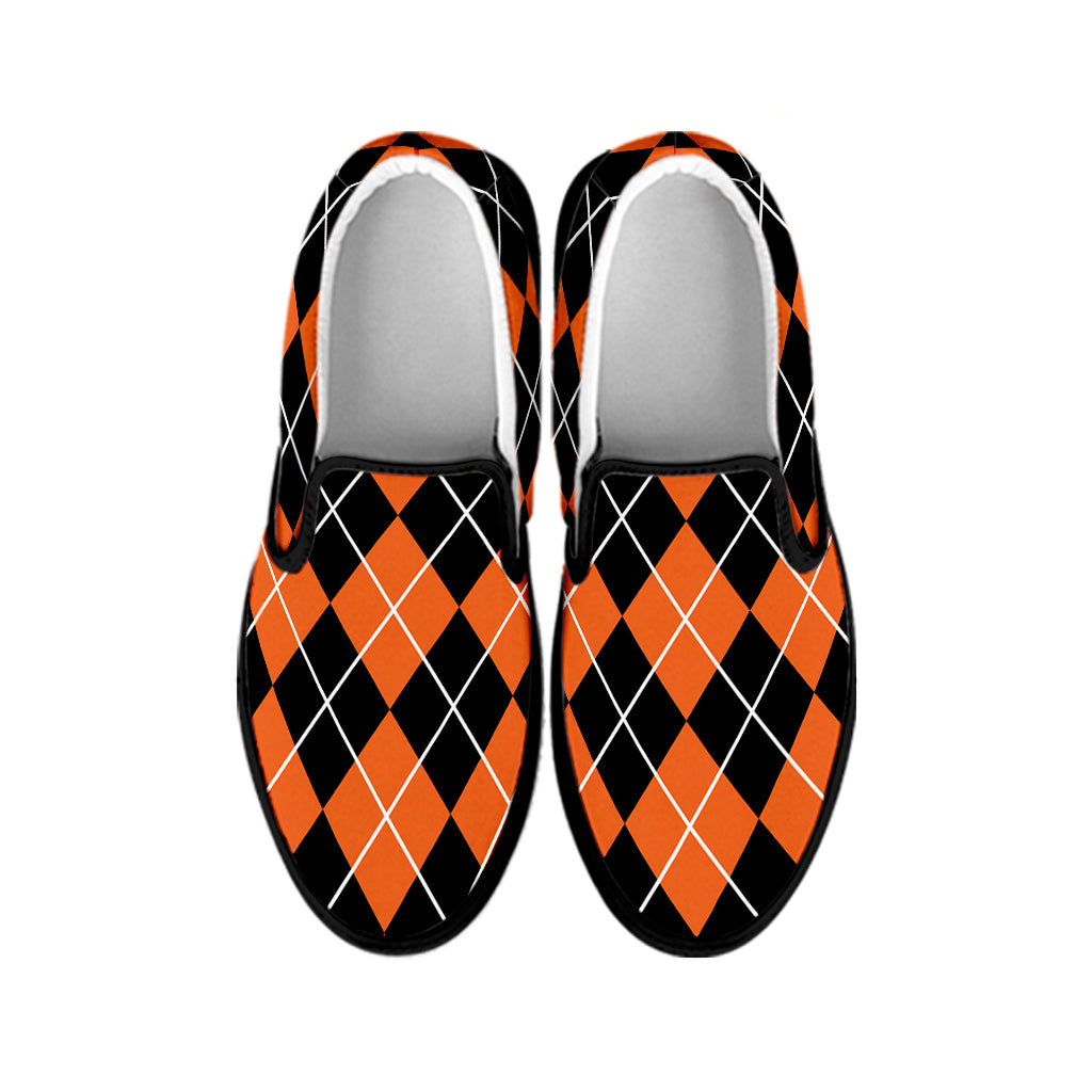 Orange And Black Argyle Print Black Slip On Shoes