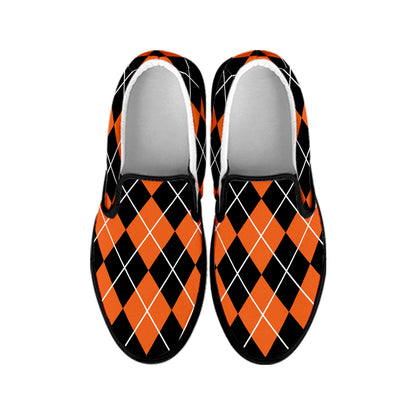 Orange And Black Argyle Print Black Slip On Shoes