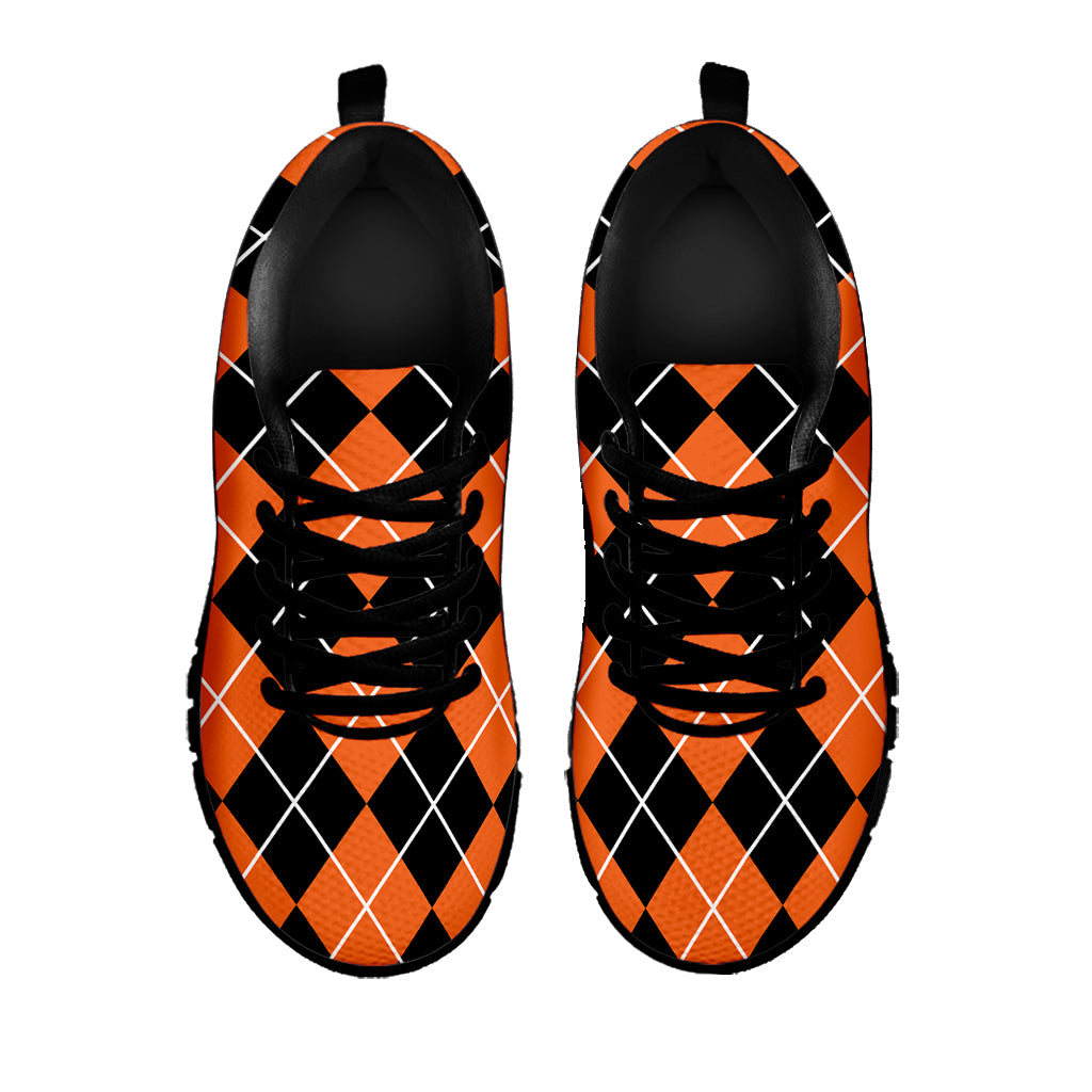 Orange And Black Argyle Print Black Sneakers