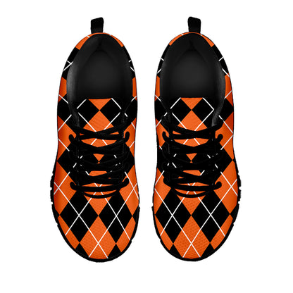 Orange And Black Argyle Print Black Sneakers