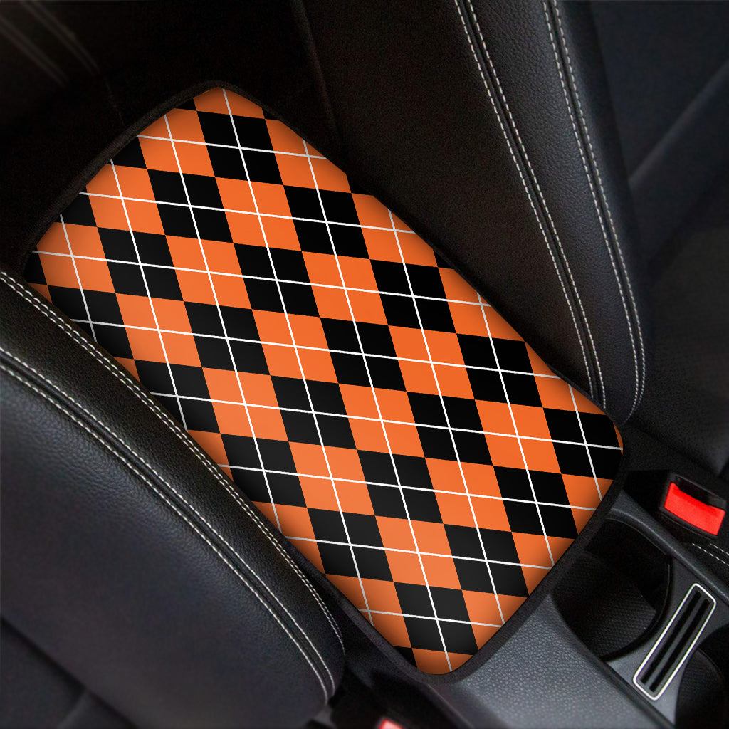 Orange And Black Argyle Print Car Center Console Cover