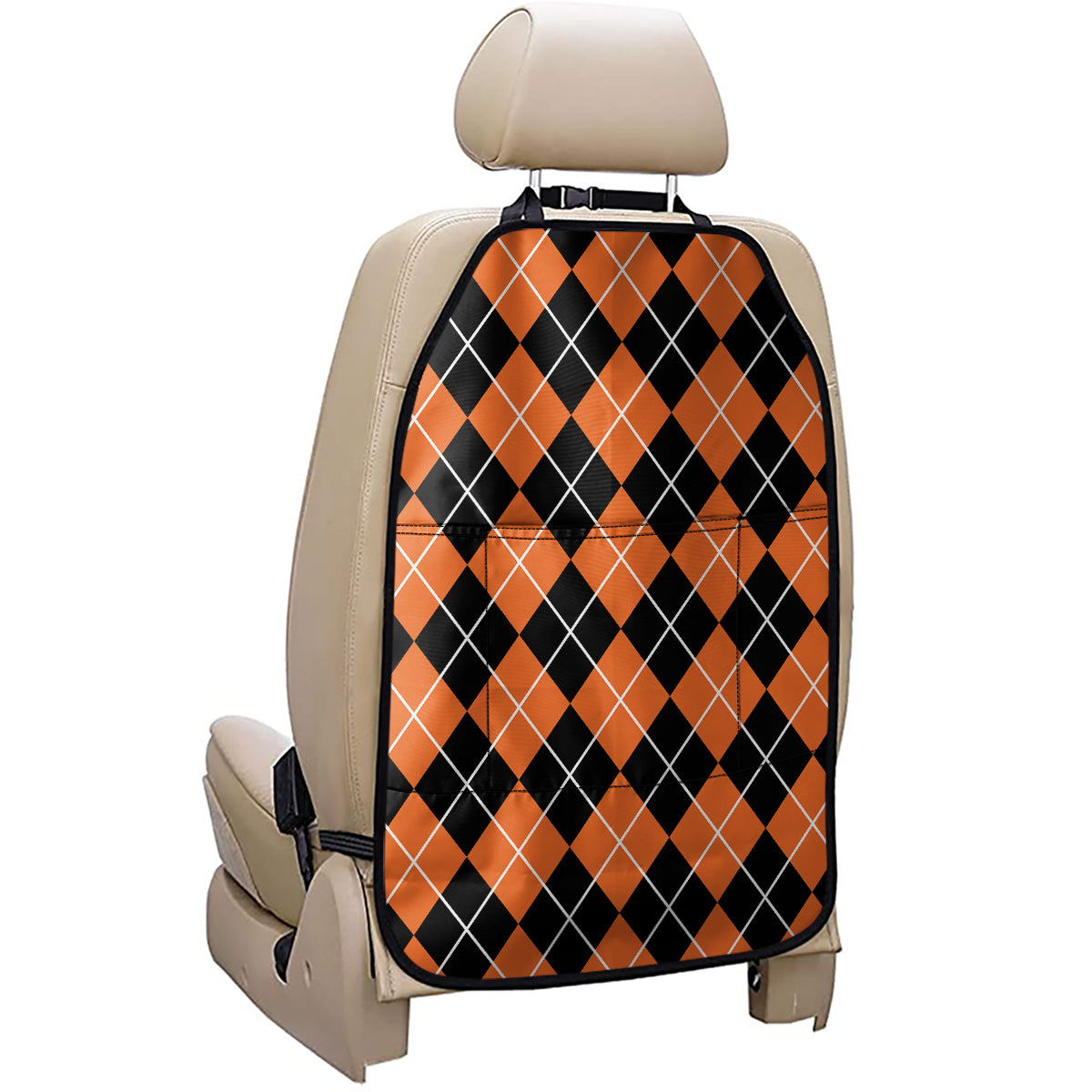 Orange And Black Argyle Print Car Seat Organizers