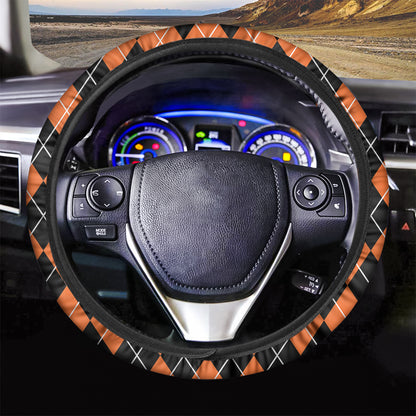Orange And Black Argyle Print Car Steering Wheel Cover