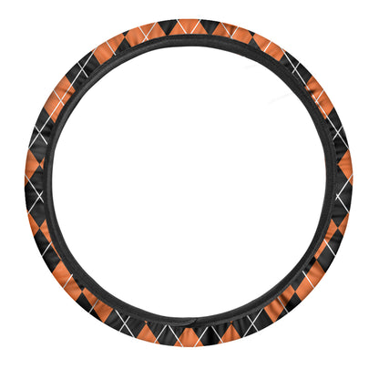 Orange And Black Argyle Print Car Steering Wheel Cover