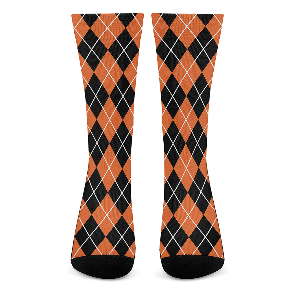 Orange And Black Argyle Print Crew Socks