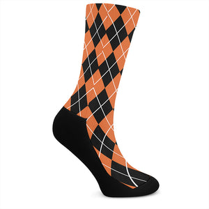 Orange And Black Argyle Print Crew Socks