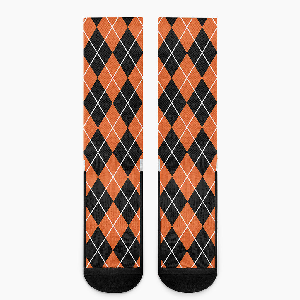 Orange And Black Argyle Print Crew Socks