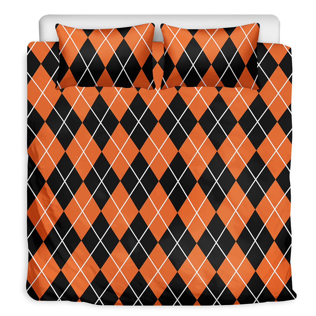 Orange And Black Argyle Print Duvet Cover Bedding Set