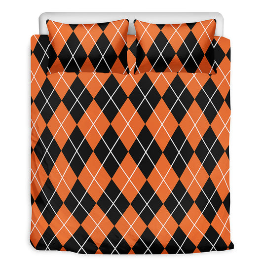 Orange And Black Argyle Print Duvet Cover Bedding Set