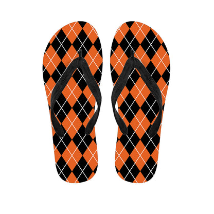 Orange And Black Argyle Print Flip Flops