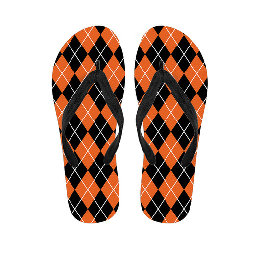 Orange And Black Argyle Print Flip Flops