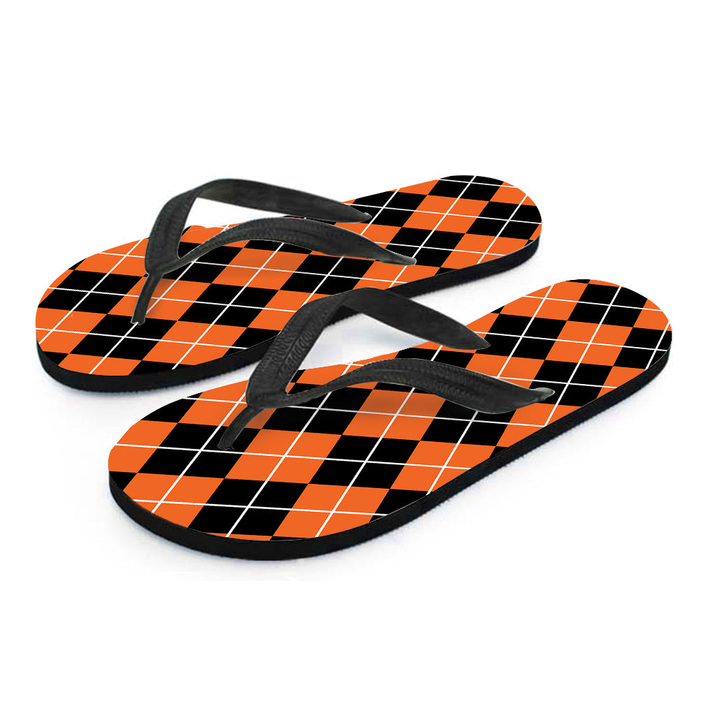 Orange And Black Argyle Print Flip Flops