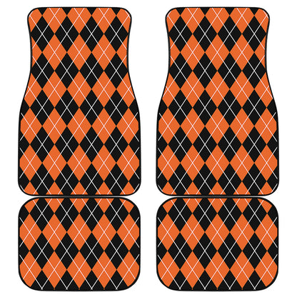 Orange And Black Argyle Print Front and Back Car Floor Mats
