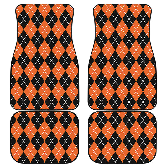 Orange And Black Argyle Print Front and Back Car Floor Mats