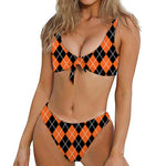 Orange And Black Argyle Print Front Bow Tie Bikini