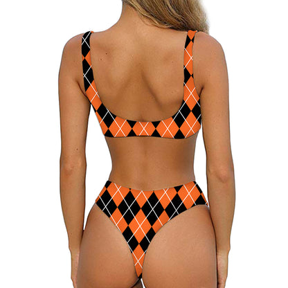 Orange And Black Argyle Print Front Bow Tie Bikini