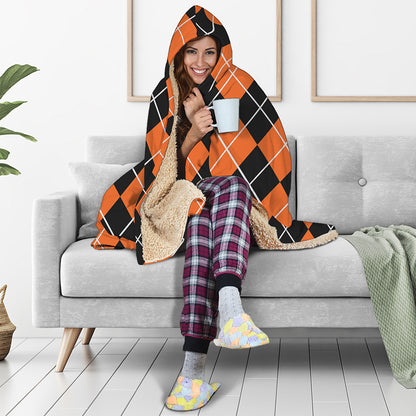 Orange And Black Argyle Print Hooded Blanket