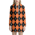 Orange And Black Argyle Print Pullover Hoodie Dress
