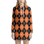 Orange And Black Argyle Print Hoodie Dress