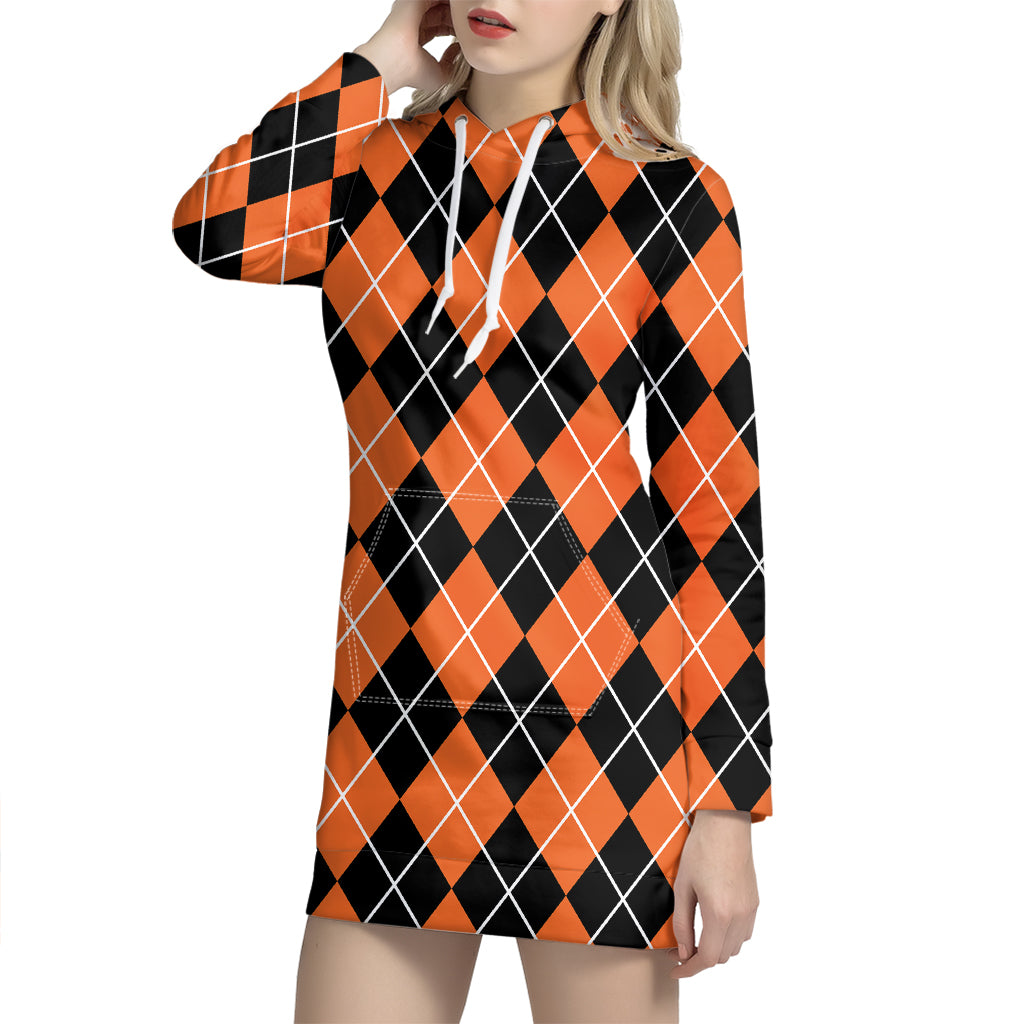 Orange And Black Argyle Print Hoodie Dress