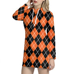 Orange And Black Argyle Print Hoodie Dress
