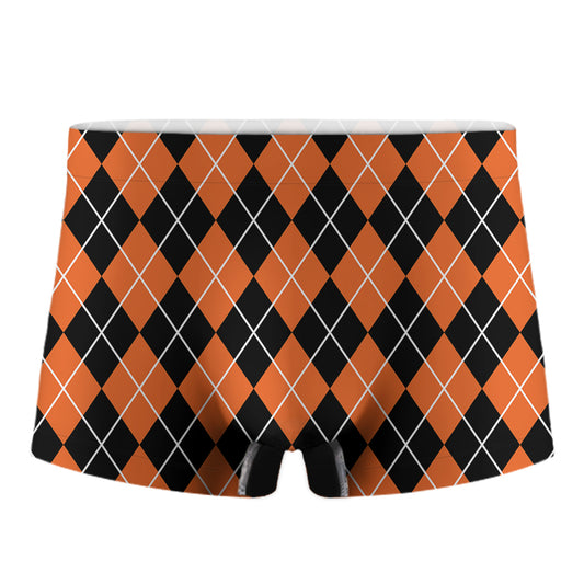 Orange And Black Argyle Print Men's Boxer Briefs