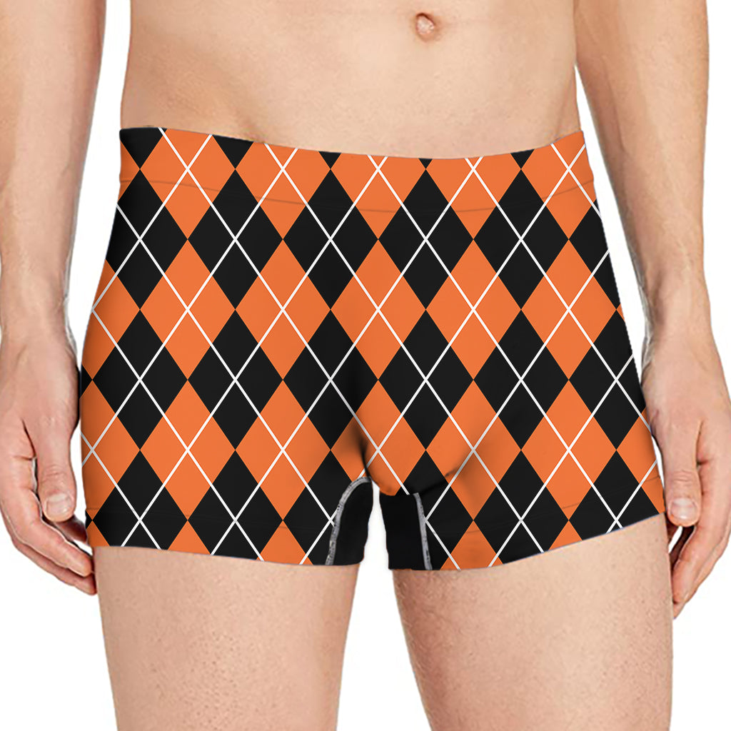 Orange And Black Argyle Print Men's Boxer Briefs