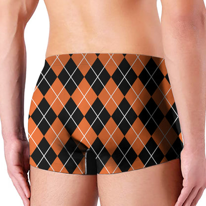 Orange And Black Argyle Print Men's Boxer Briefs