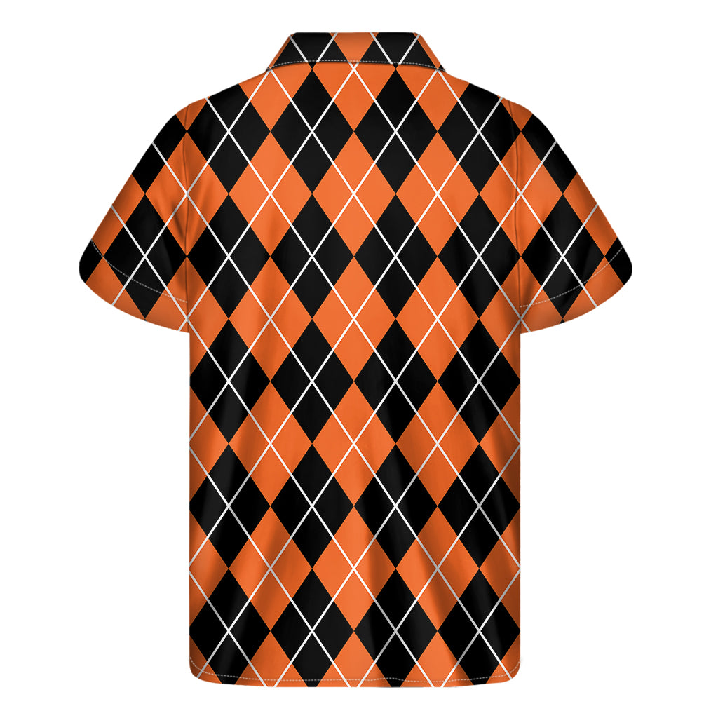 Orange And Black Argyle Print Men's Short Sleeve Shirt