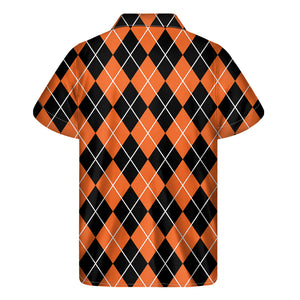 Orange And Black Argyle Print Men's Short Sleeve Shirt