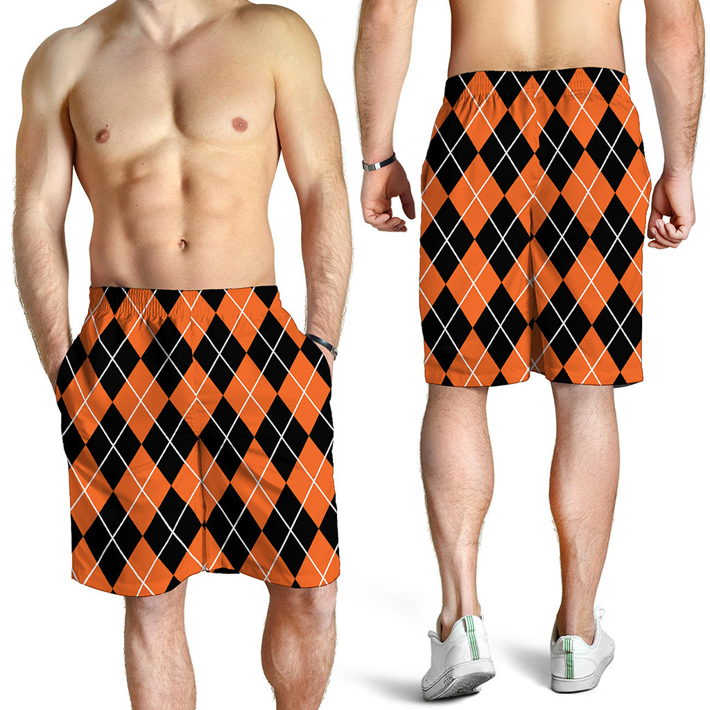 Orange And Black Argyle Print Men's Shorts