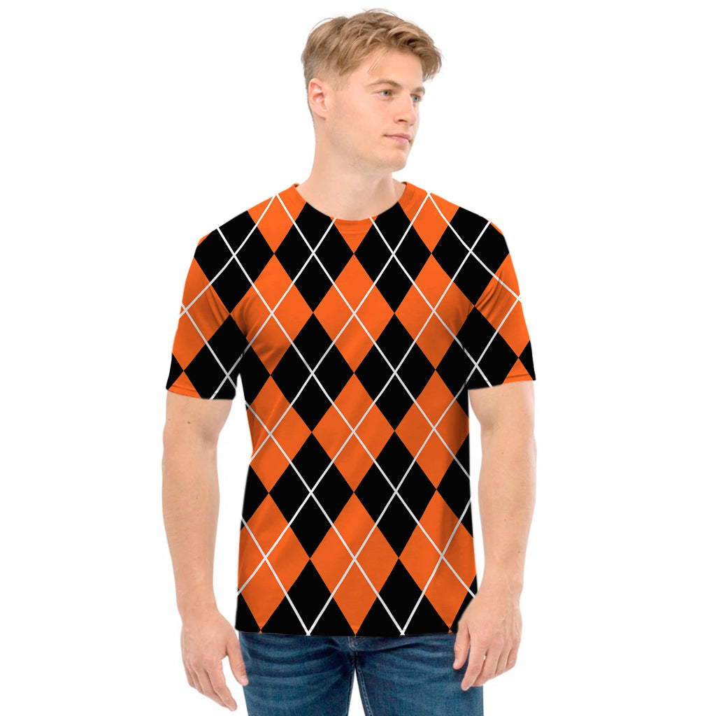 Orange And Black Argyle Print Men's T-Shirt