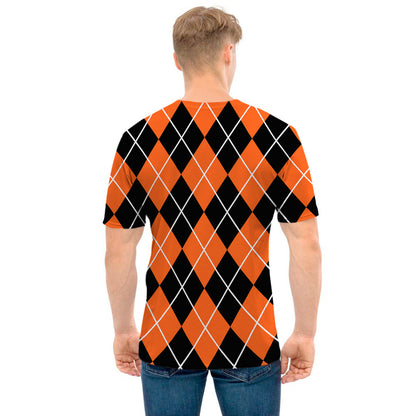 Orange And Black Argyle Print Men's T-Shirt
