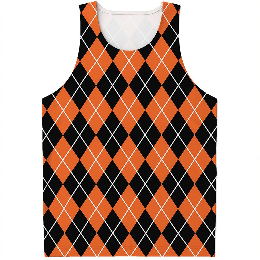 Orange And Black Argyle Print Men's Tank Top