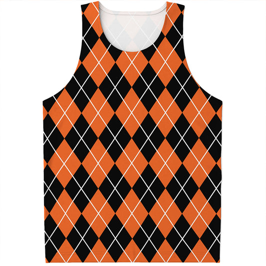 Orange And Black Argyle Print Men's Tank Top