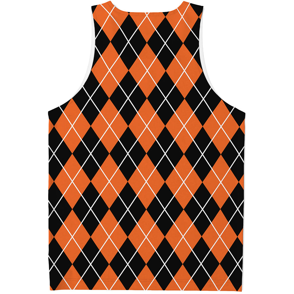 Orange And Black Argyle Print Men's Tank Top