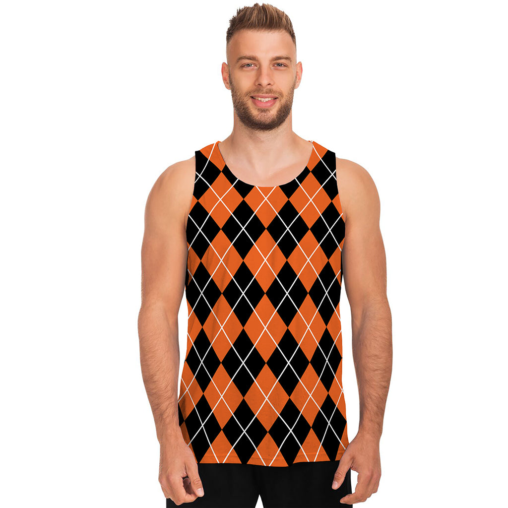 Orange And Black Argyle Print Men's Tank Top