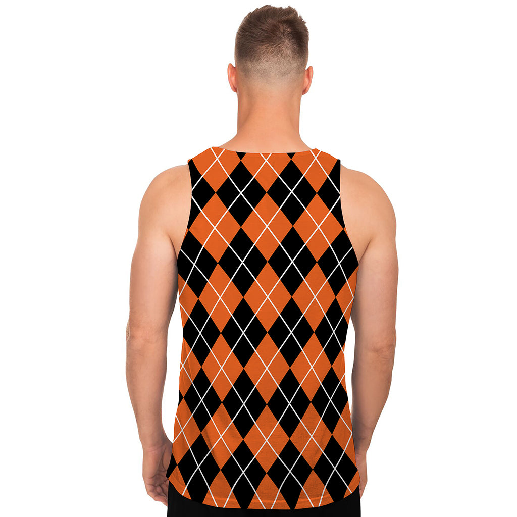 Orange And Black Argyle Print Men's Tank Top