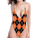 Orange And Black Argyle Print One Piece High Cut Swimsuit
