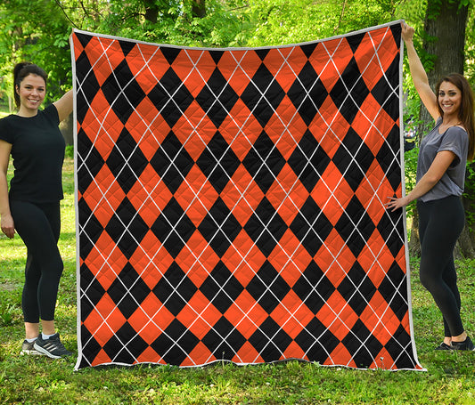 Orange And Black Argyle Print Quilt