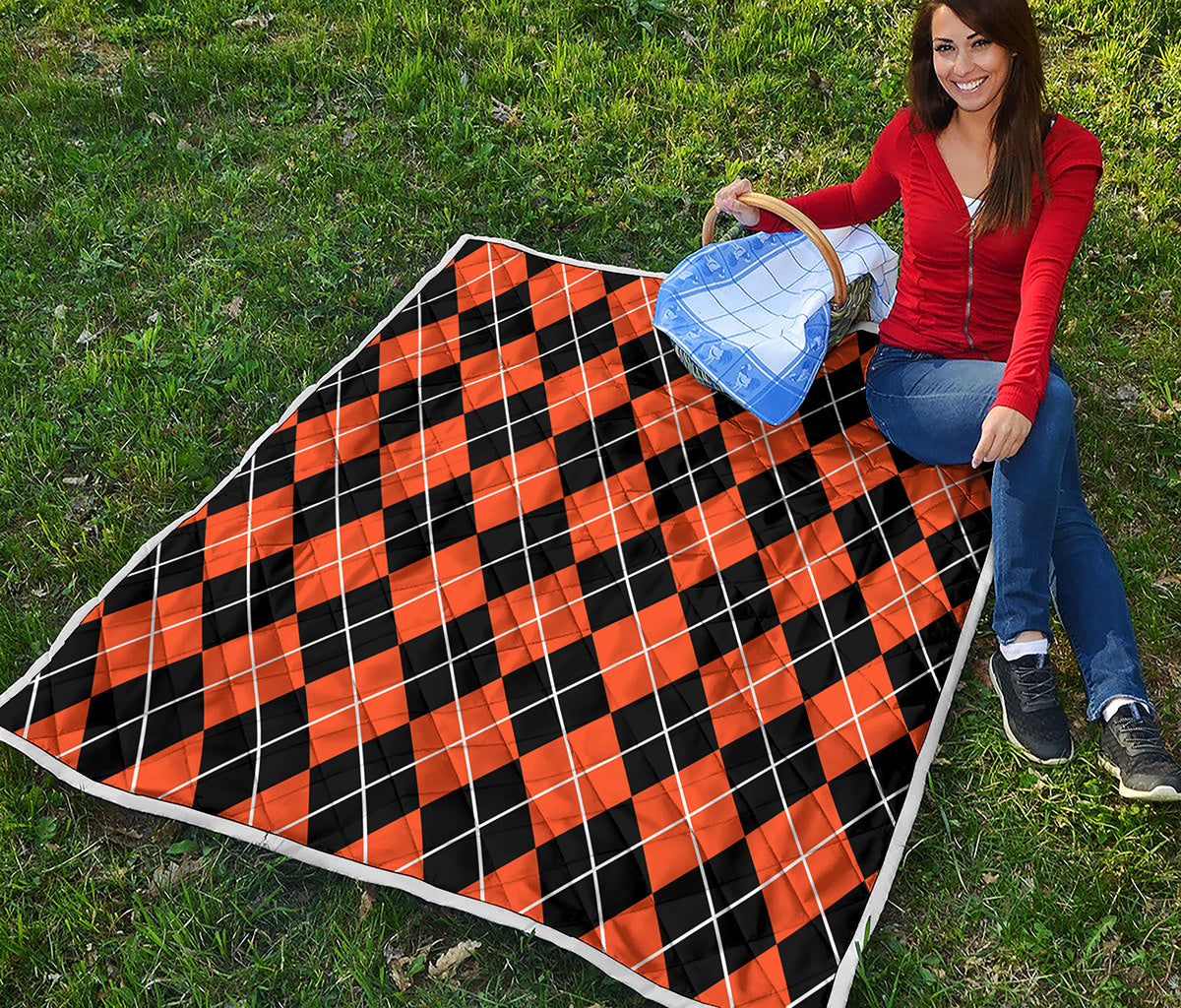 Orange And Black Argyle Print Quilt